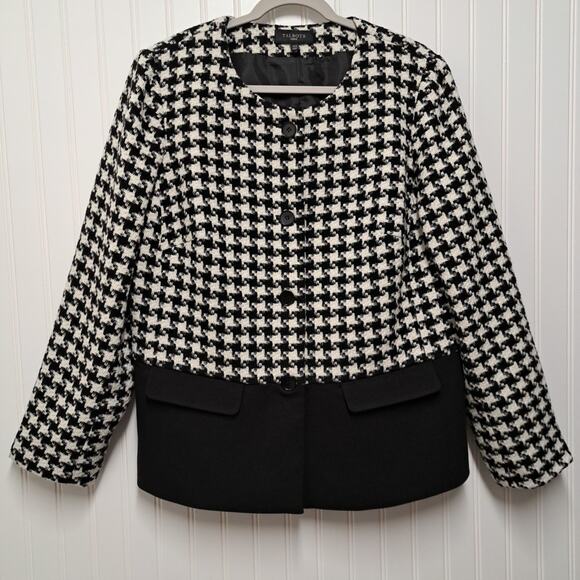 Talbots Blazer Suit Jacket Womens 14W Black White Houndstooth Wool Blend Career - Picture 1 of 16